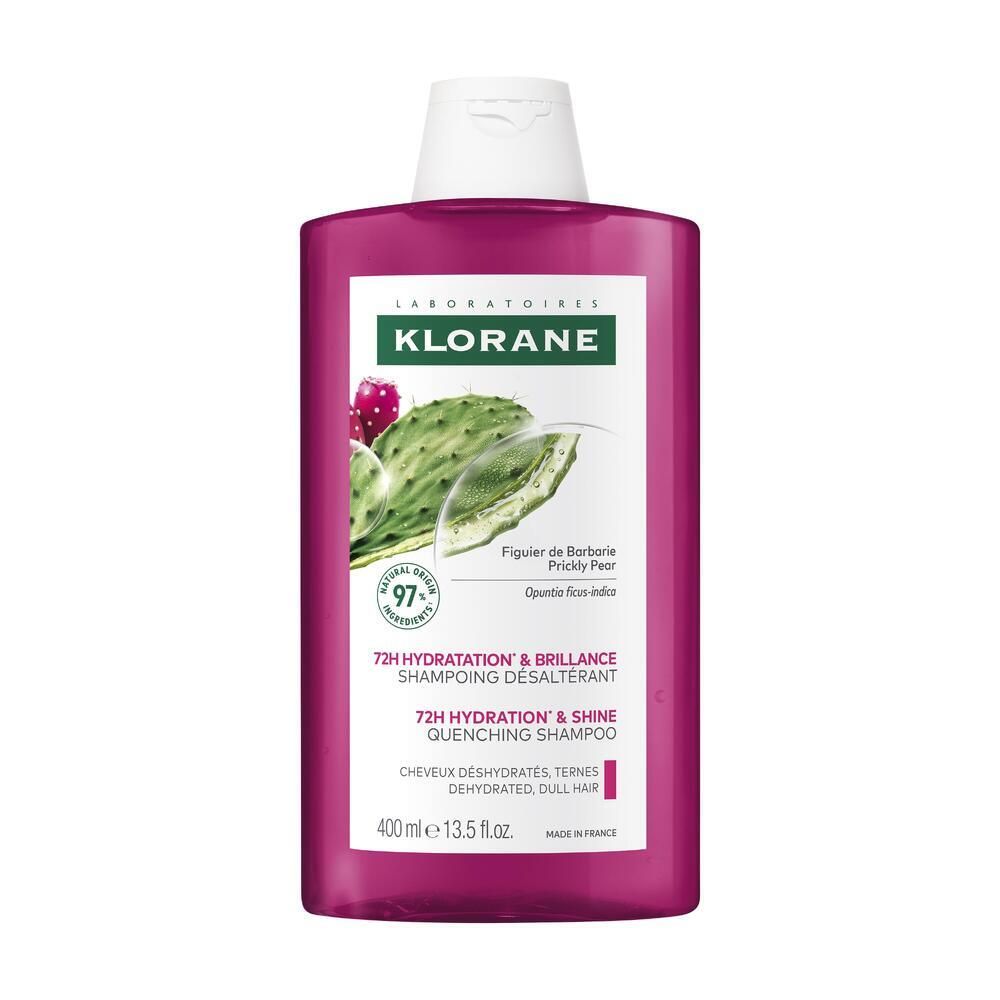 Flacon de shampooing Klorane à la figue de Barbarie. Flacon rose avec bouchon blanc. Nom du produit et ingrédients imprimés.
