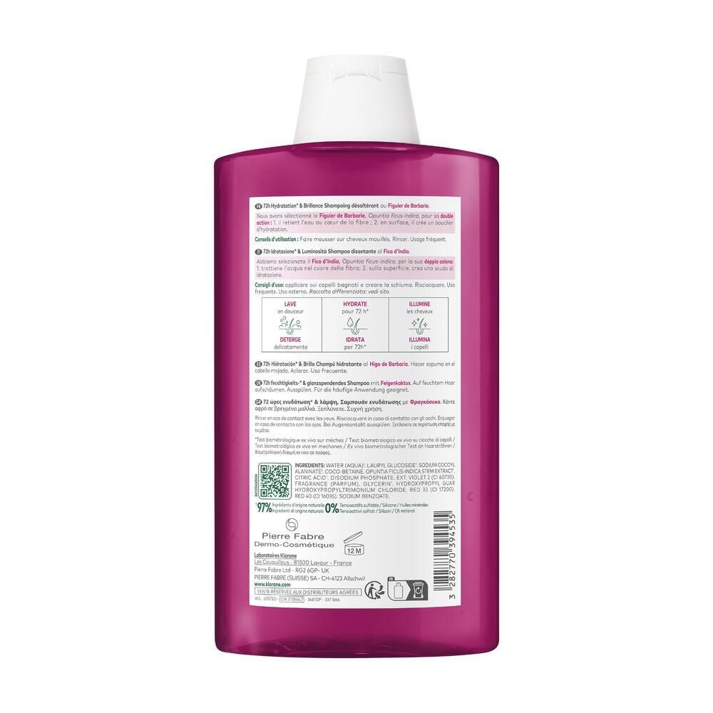 Dos du flacon de shampooing Klorane. Texte, ingrédients et logos imprimés. Code QR et symboles de recyclage.