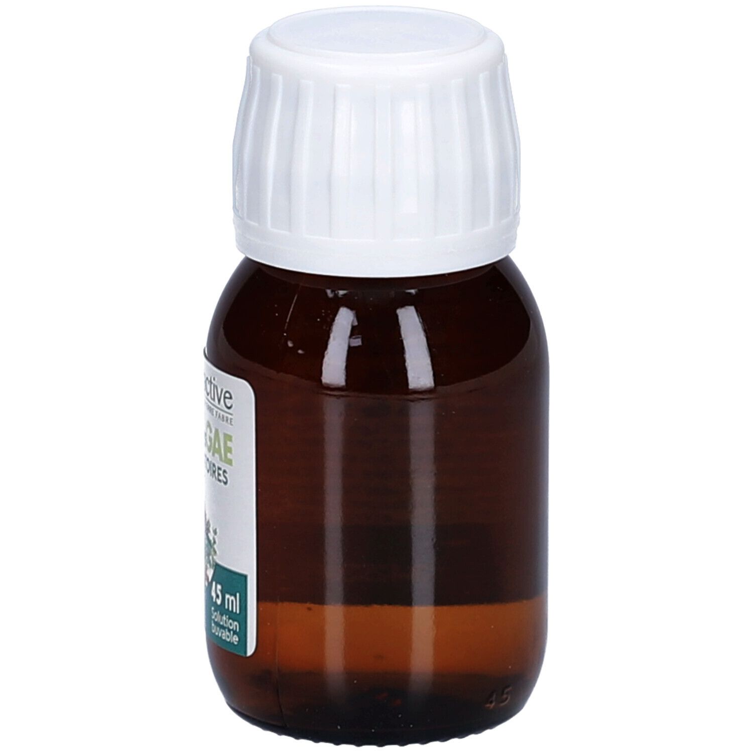 Flacon en verre brun avec bouchon blanc. Étiquette avec nom du produit et ingrédients. 45 ml.