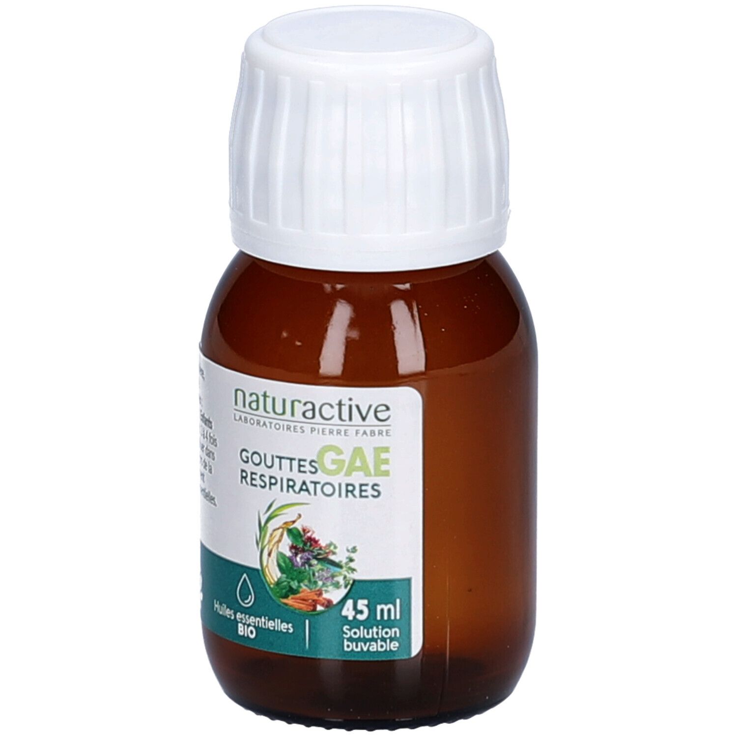 Flacon en verre brun avec bouchon blanc. Étiquette avec nom du produit et ingrédients. 45 ml.