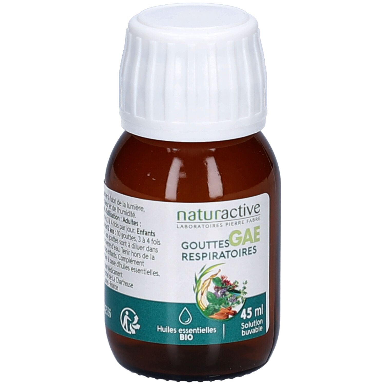 Flacon en verre brun avec bouchon blanc. Étiquette avec nom du produit et ingrédients. 45 ml.