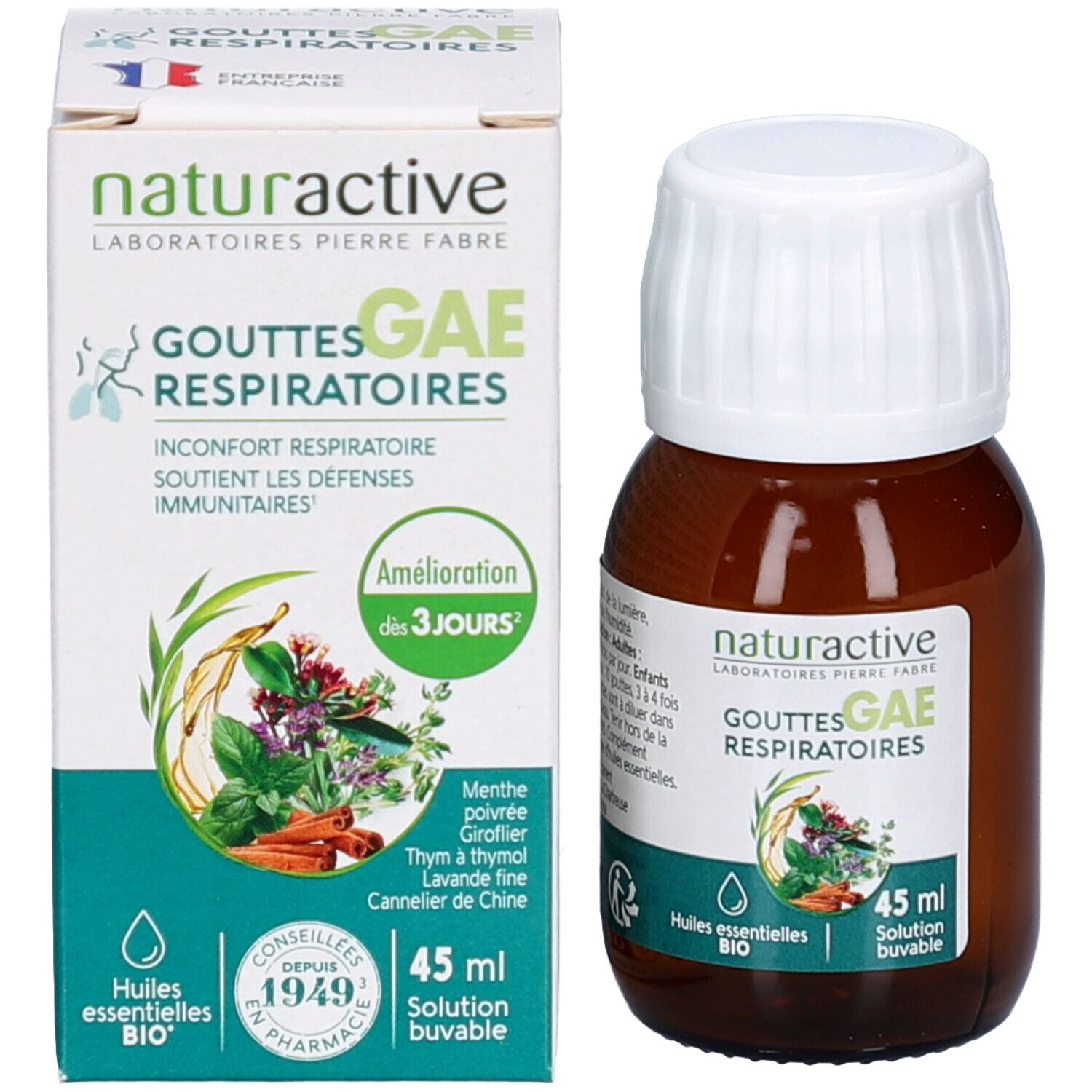 Flacon et boîte. Flacon avec étiquette. Boîte avec nom du produit et ingrédients. 45 ml.