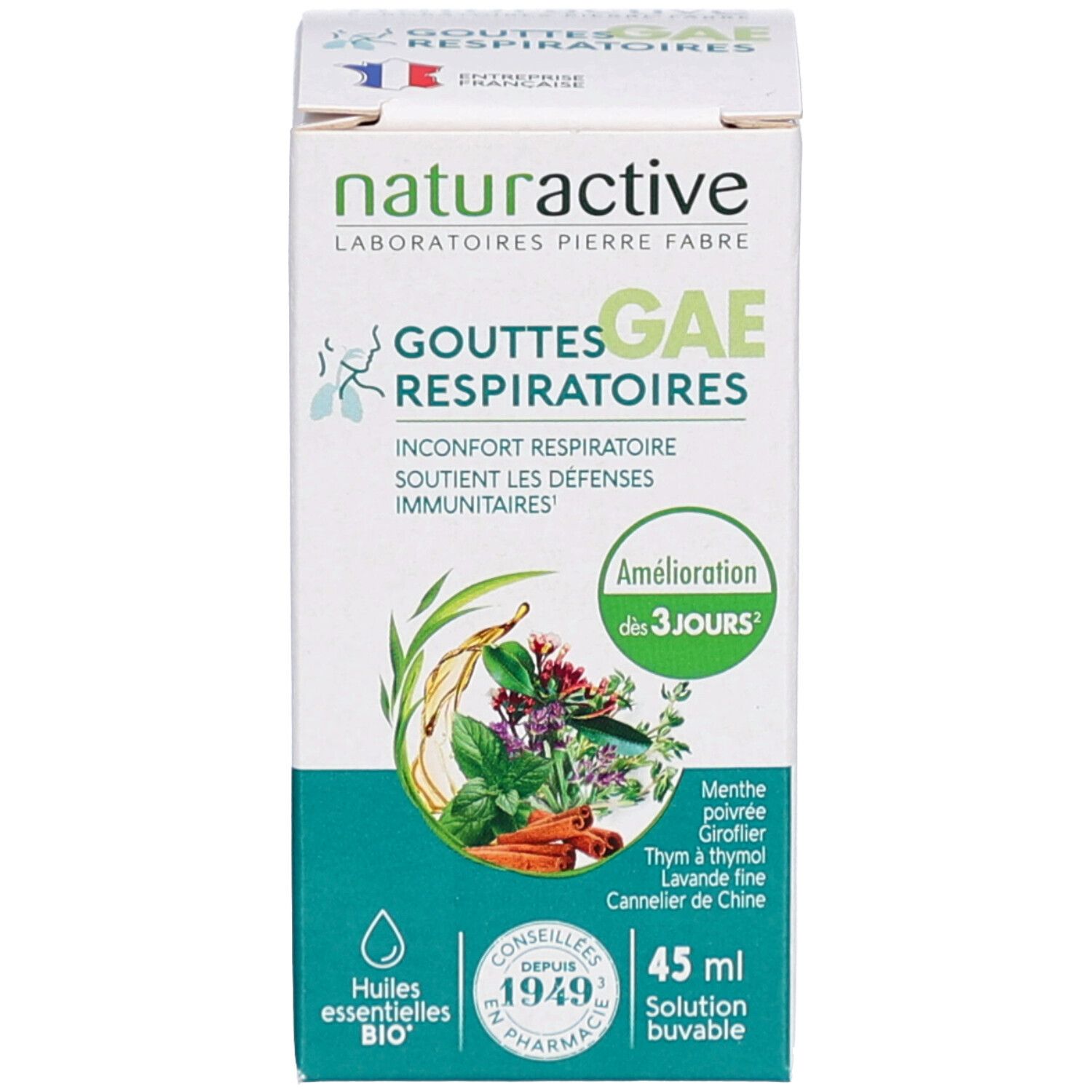 Emballage du produit. Boîte avec nom du produit et ingrédients. 45 ml.