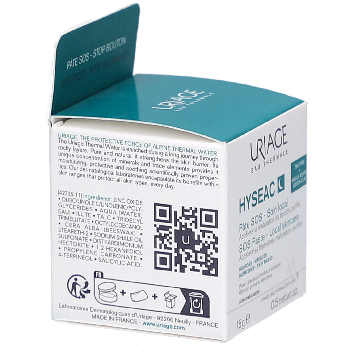 Dos de l'emballage. Texte: Uriage, ingrédients, code QR, lieu de fabrication. Illustrations. Couleurs vert et blanc.