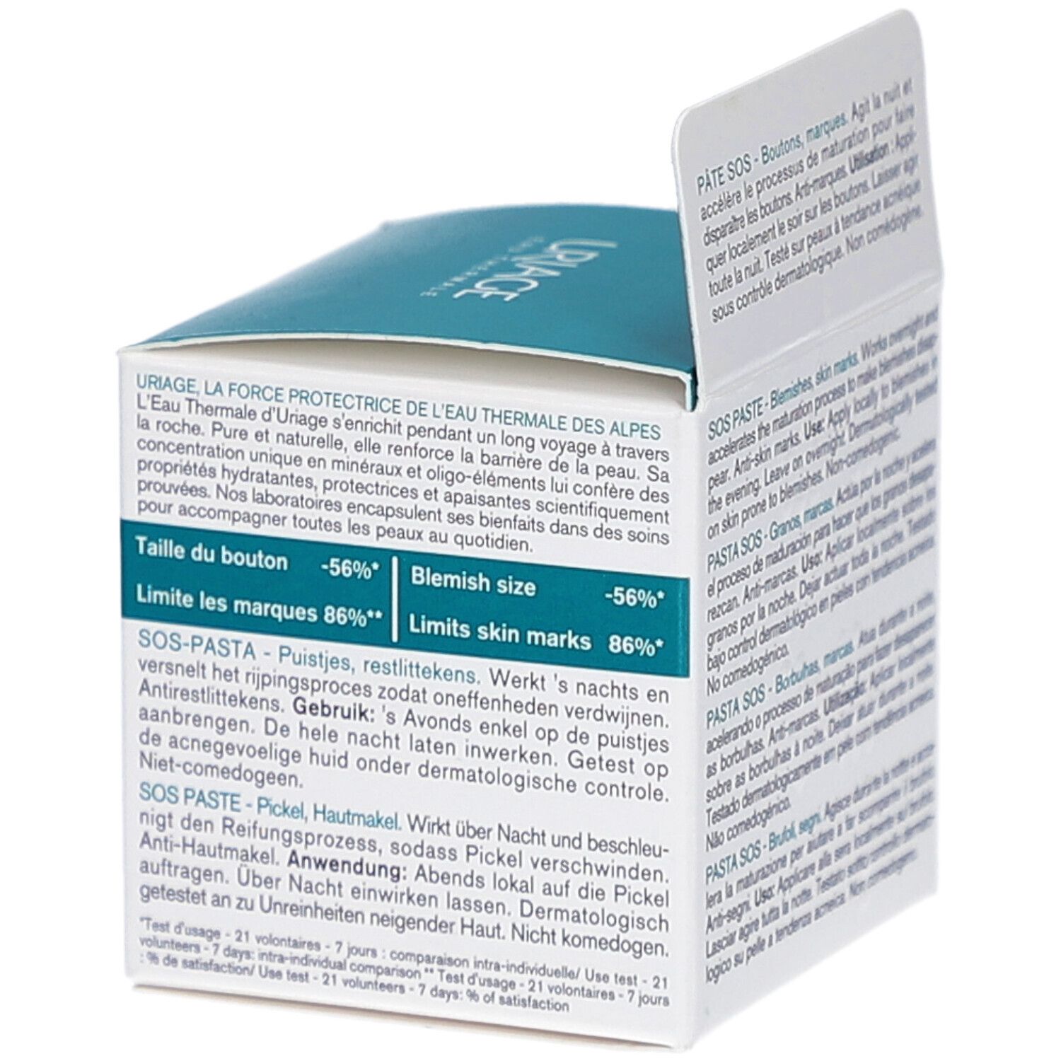 Emballage ouvert avec texte en plusieurs langues. Texte: Pâte SOS, SOS Paste, Pasta SOS. Couleurs vert et blanc.