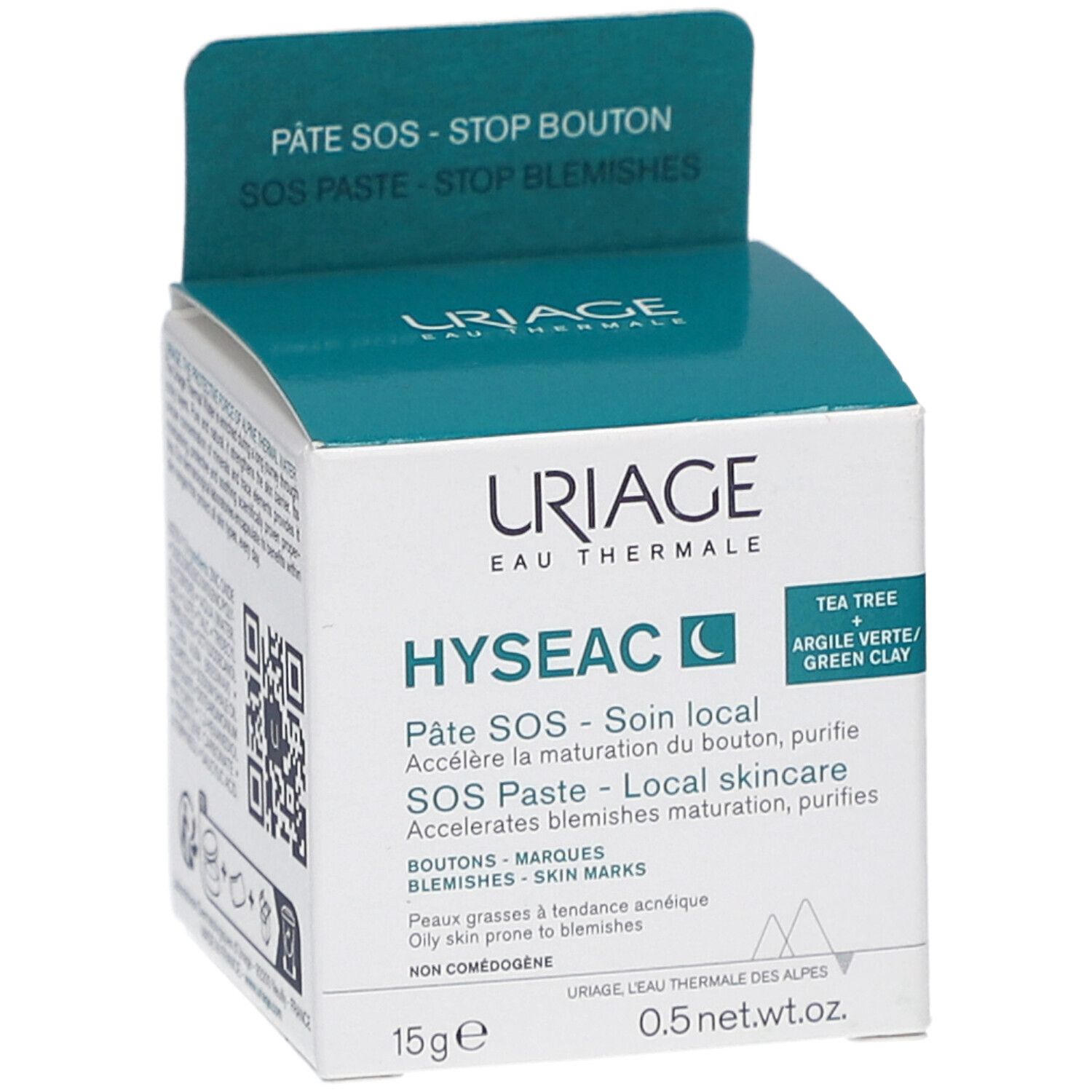 Boîte en carton avec nom et marque du produit. Texte: Pâte SOS, Hyseac, Uriage. Couleurs vert et blanc. 15g, 0.5 net wt.oz.