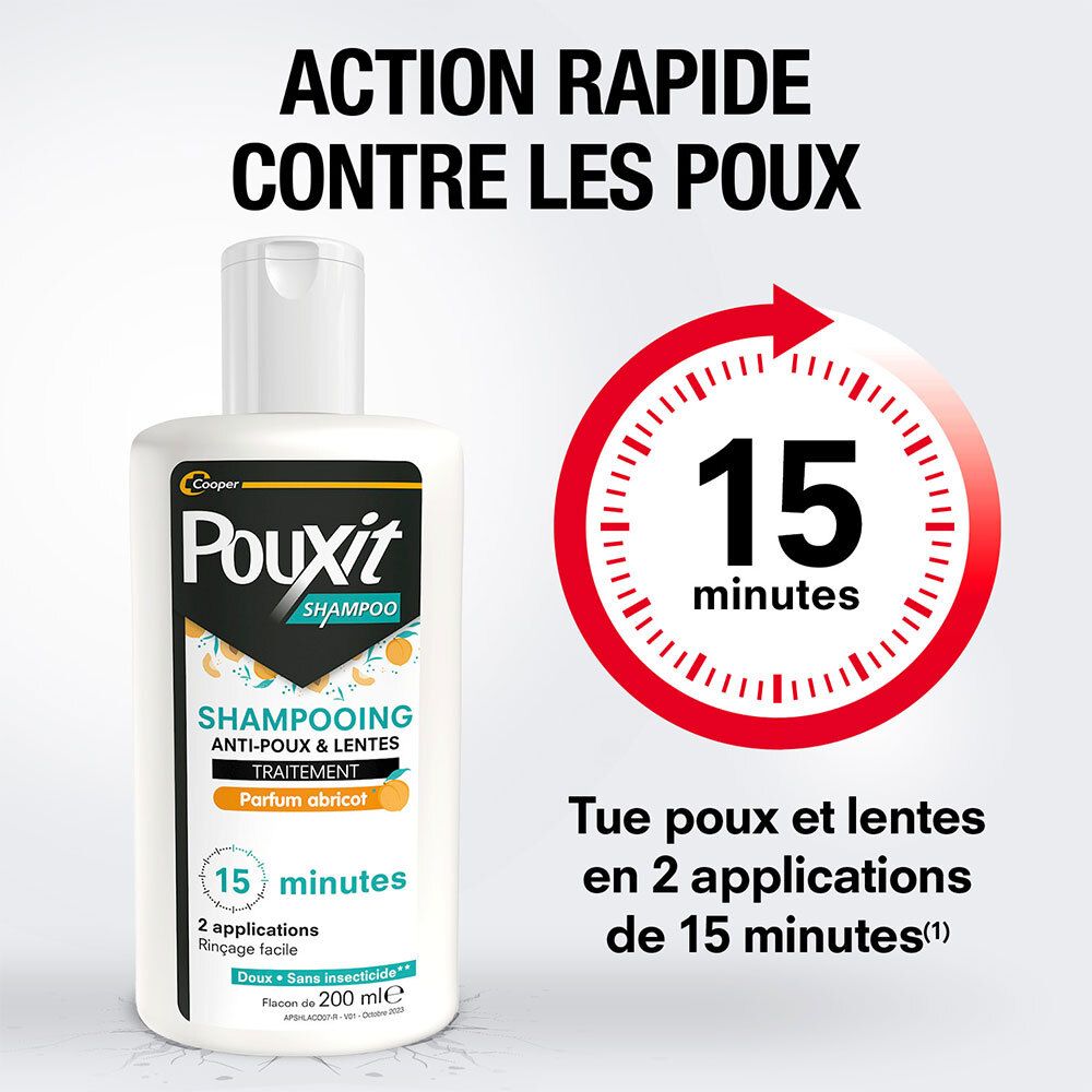 Flacon de shampooing blanc avec texte : Action rapide contre les poux. Cercle rouge avec 15 minutes. Tue les poux et les lentes.