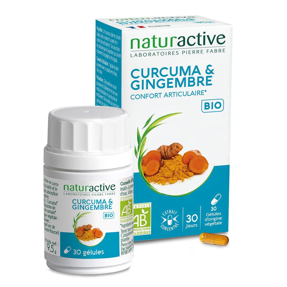 Boîte et flacon de gélules. Inscription: CURCUMA & GINGEMBRE, BIO. Certifications: AB, BIO. Contient 30 gélules.