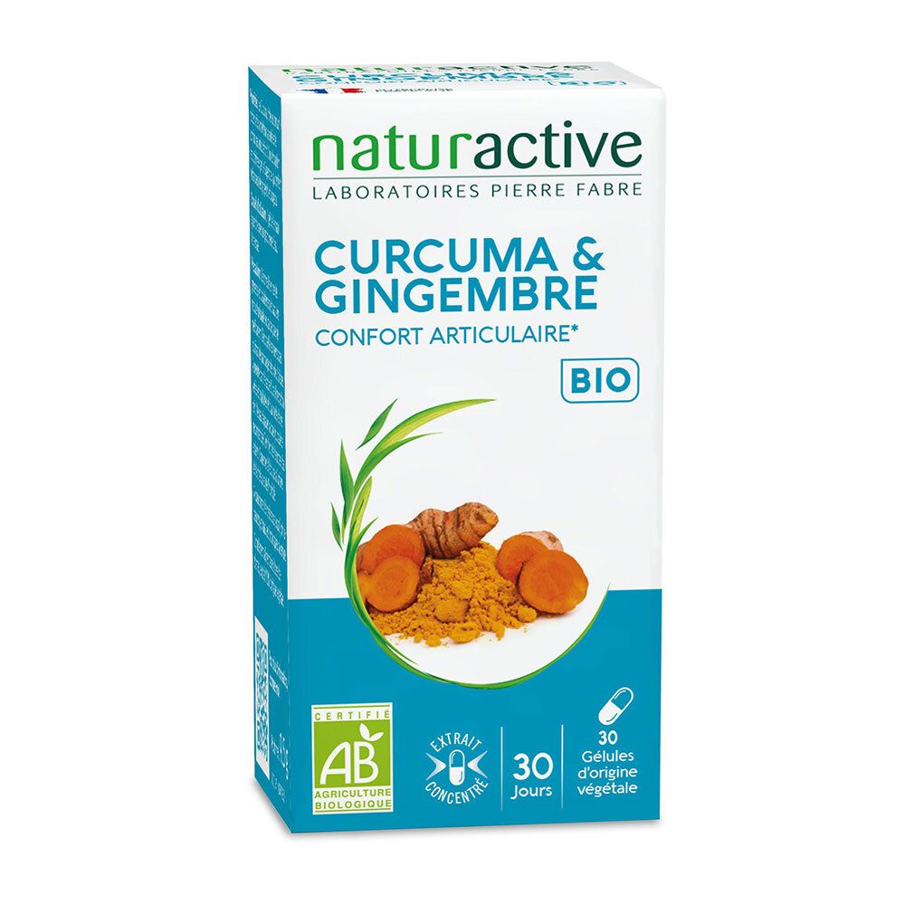 Boîte avec inscription: CURCUMA & GINGEMBRE, BIO. Certifications: AB, BIO. Contient 30 gélules.