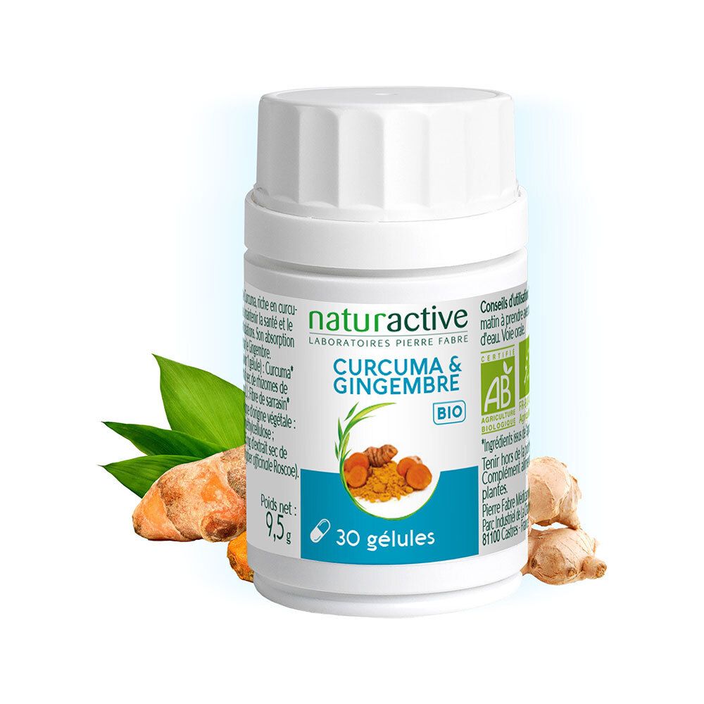 Flacon de gélules. Inscription: CURCUMA & GINGEMBRE, BIO. Certifications: AB, BIO. Contient 30 gélules.