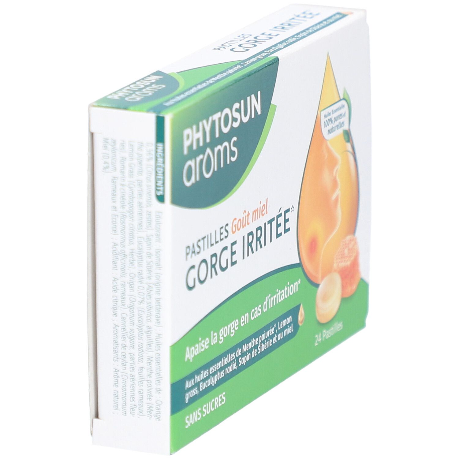 Boîte de pastilles Phytosun Aroms. Inscription: GORGE IRRITEE, 24 pastilles, sans sucres. Vue latérale, en biais.