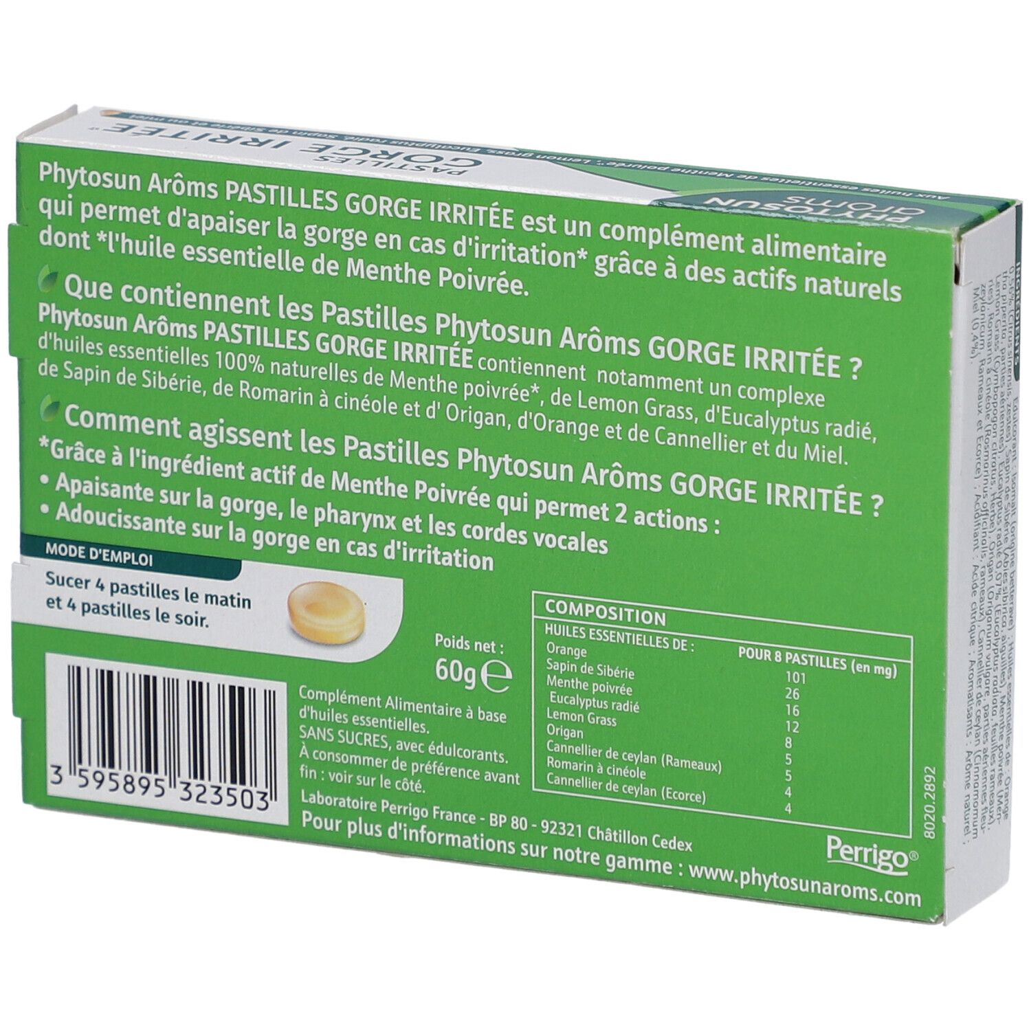 Dos de la boîte de pastilles Phytosun Aroms. Texte: ingrédients, composition, mode d'emploi. Poids: 60g.