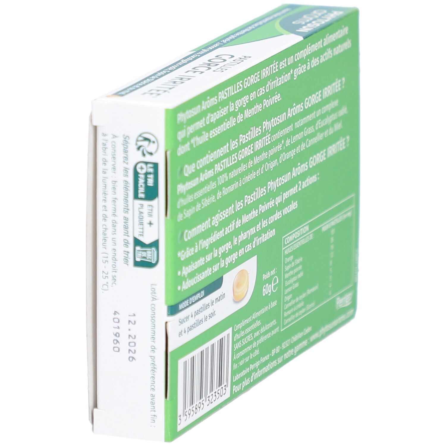 Boîte de pastilles Phytosun Aroms. Texte: GORGE IRRITEE, 60g, date de péremption. Vue en biais.