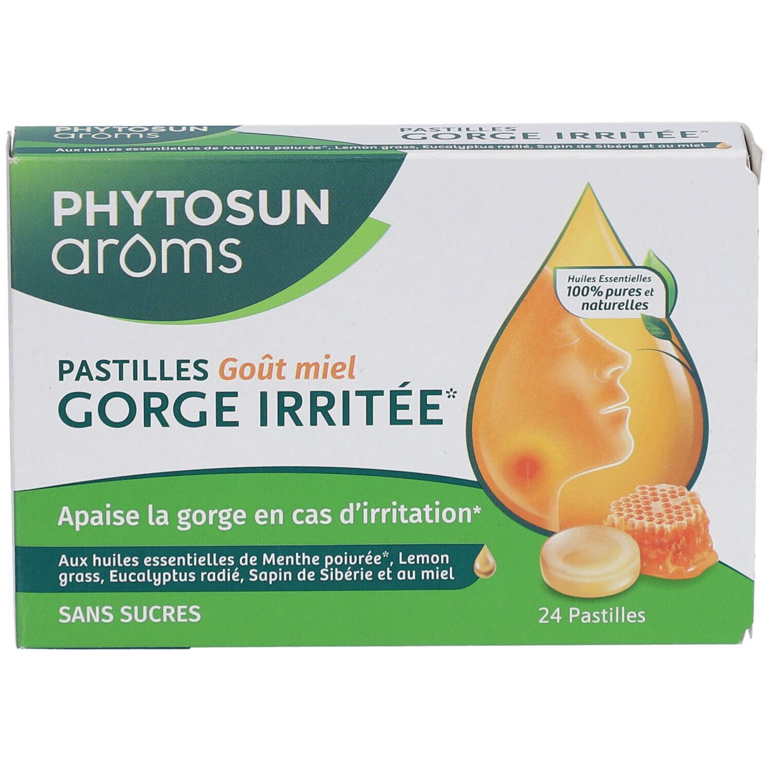 Boîte de pastilles Phytosun Aroms. Inscription: GORGE IRRITEE, 24 pastilles, sans sucres. Illustration: nid d'abeille, goutte.