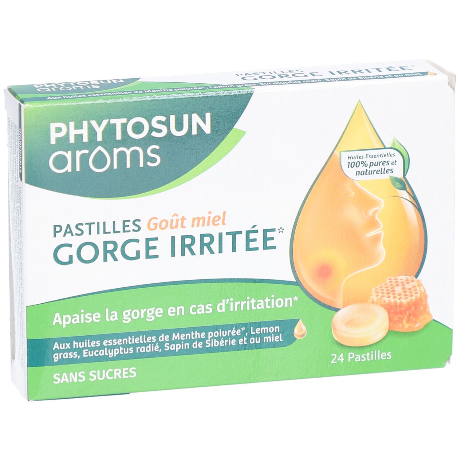 Boîte de pastilles Phytosun Aroms. Inscription: GORGE IRRITEE, 24 pastilles, sans sucres. Illustration: nid d'abeille, goutte.