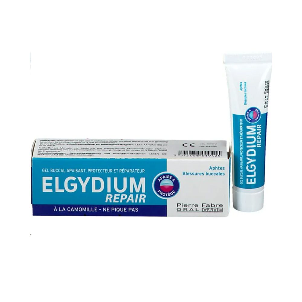 Gel Elgydium Repair et emballage. Blanc, bleu et turquoise. Contient du texte et un logo.