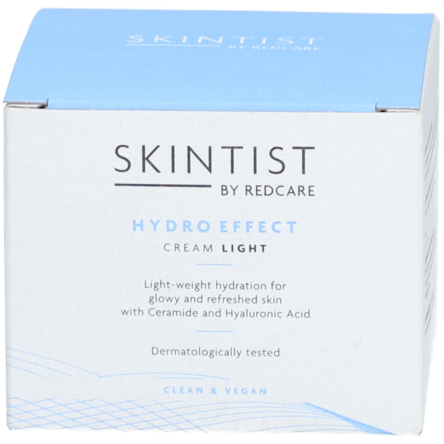 Emballage carton bleu et blanc. Inscription : SKINTIST BY REDCARE, HYDRO EFFECT CREAM LIGHT.