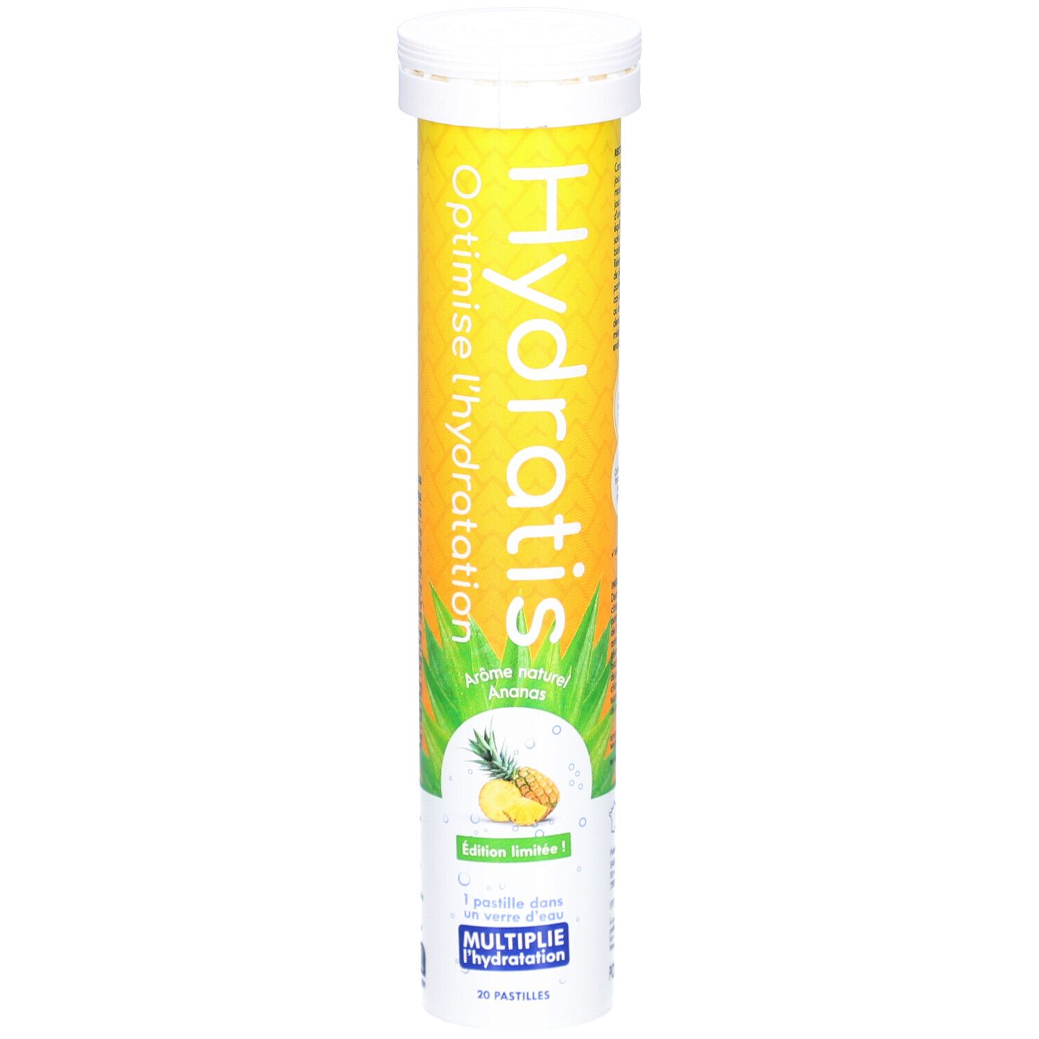 Tube cylindrique, bouchon blanc. Fond jaune, nom du produit et illustration d'ananas. Texte: Optimise l'hydratation, édition limitée.