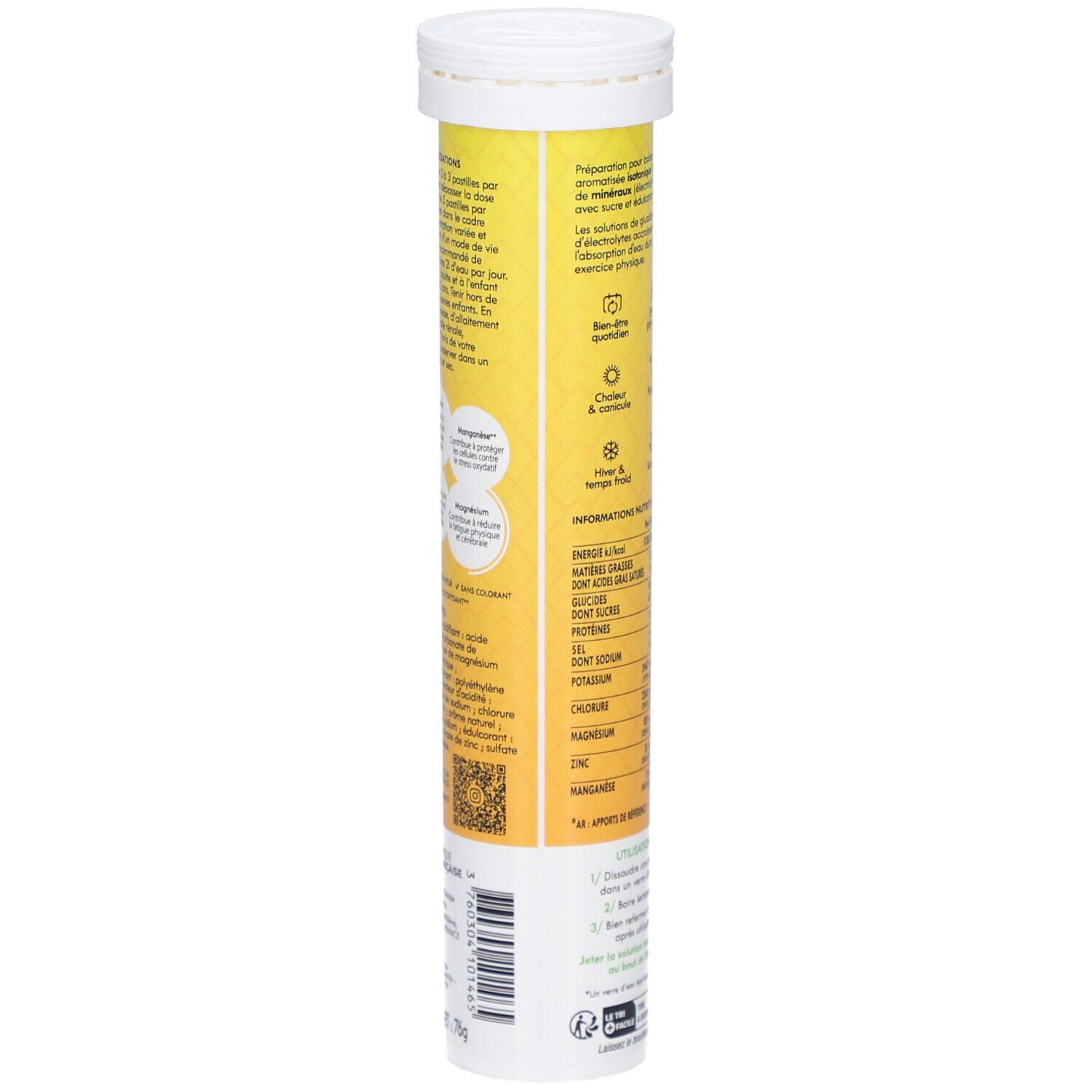 Dos du tube. Fond jaune avec texte et informations nutritionnelles. Code QR et symboles. Texte: Optimise l'hydratation.