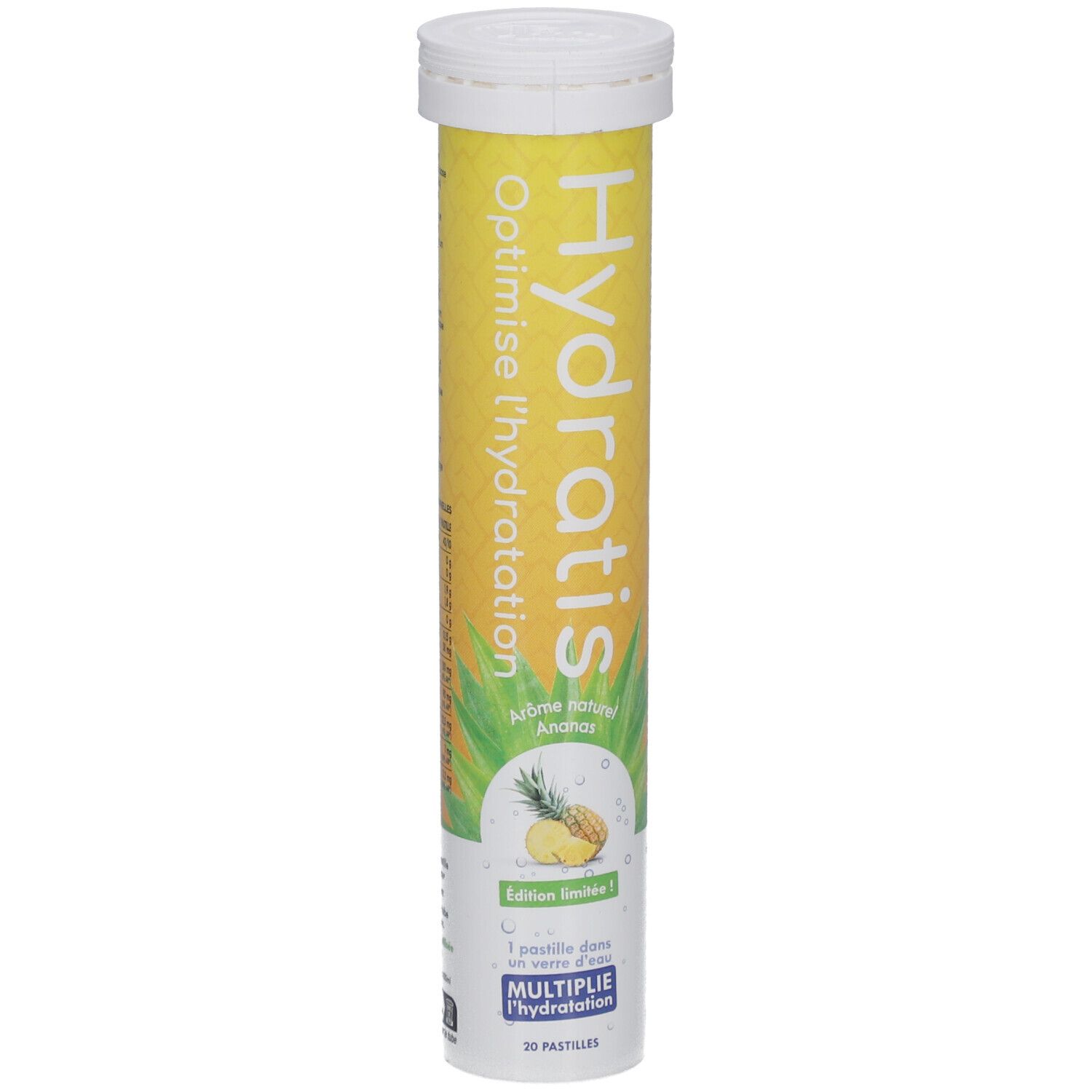 Tube cylindrique, bouchon blanc. Fond jaune, nom du produit et illustration d'ananas. Texte: Optimise l'hydratation, édition limitée.