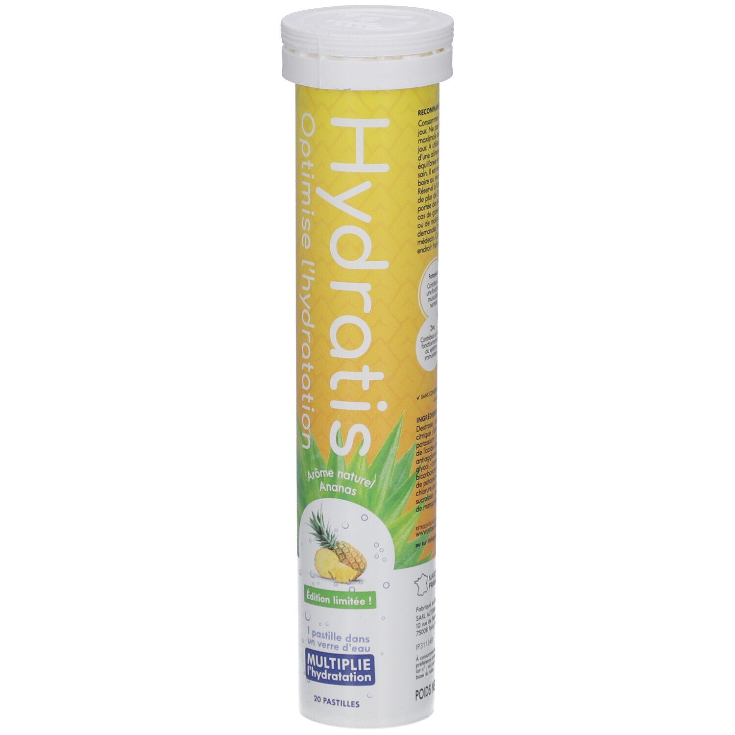 Tube cylindrique, bouchon blanc. Fond jaune, nom du produit et illustration d'ananas. Texte: Optimise l'hydratation, édition limitée.