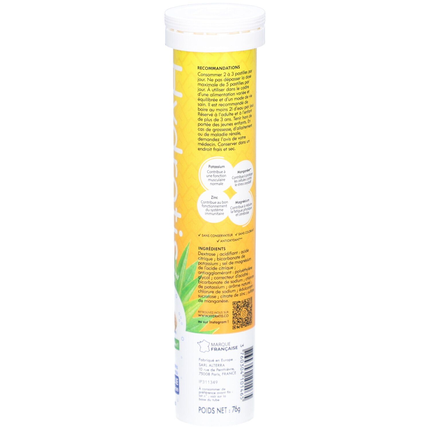 Dos du tube. Fond jaune avec texte et informations nutritionnelles. Texte: Optimise l'hydratation. Logo 'Marque Française'.