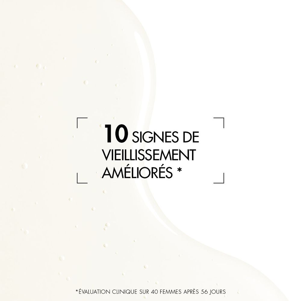 Texte : 10 signes de vieillissement améliorés. Évaluation clinique sur 40 femmes après 56 jours.