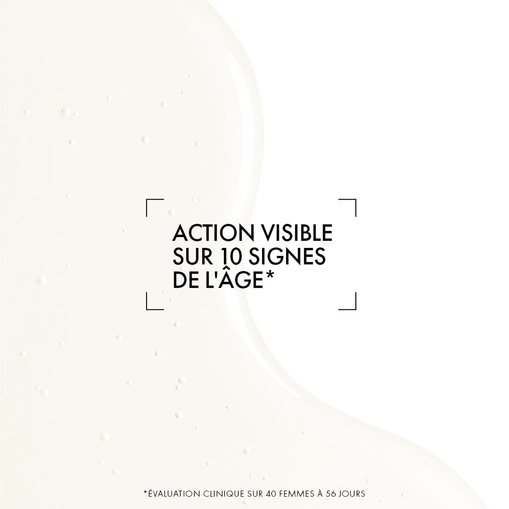 Texte : Action visible sur 10 signes de l'âge. Évaluation clinique sur 40 femmes après 56 jours.