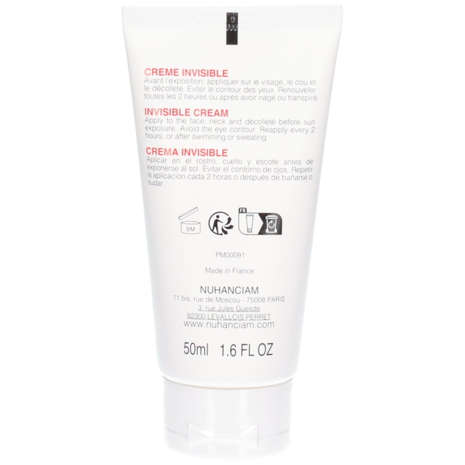 Dos de la crème solaire invisible Nuhanciam avec instructions et ingrédients.