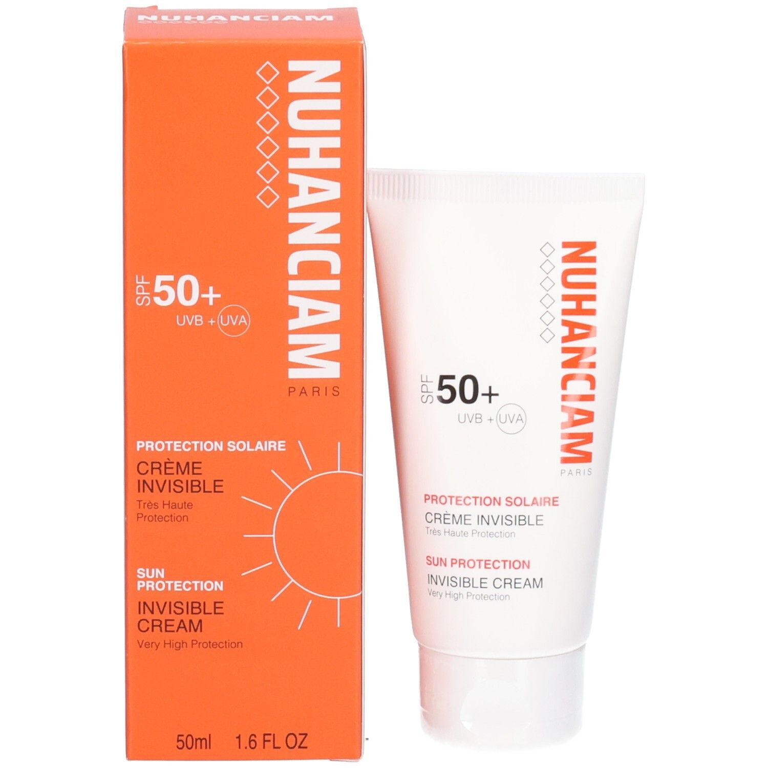 Nuhanciam Protection Solaire: Crème Invisible SPF 50+ et boîte orange.