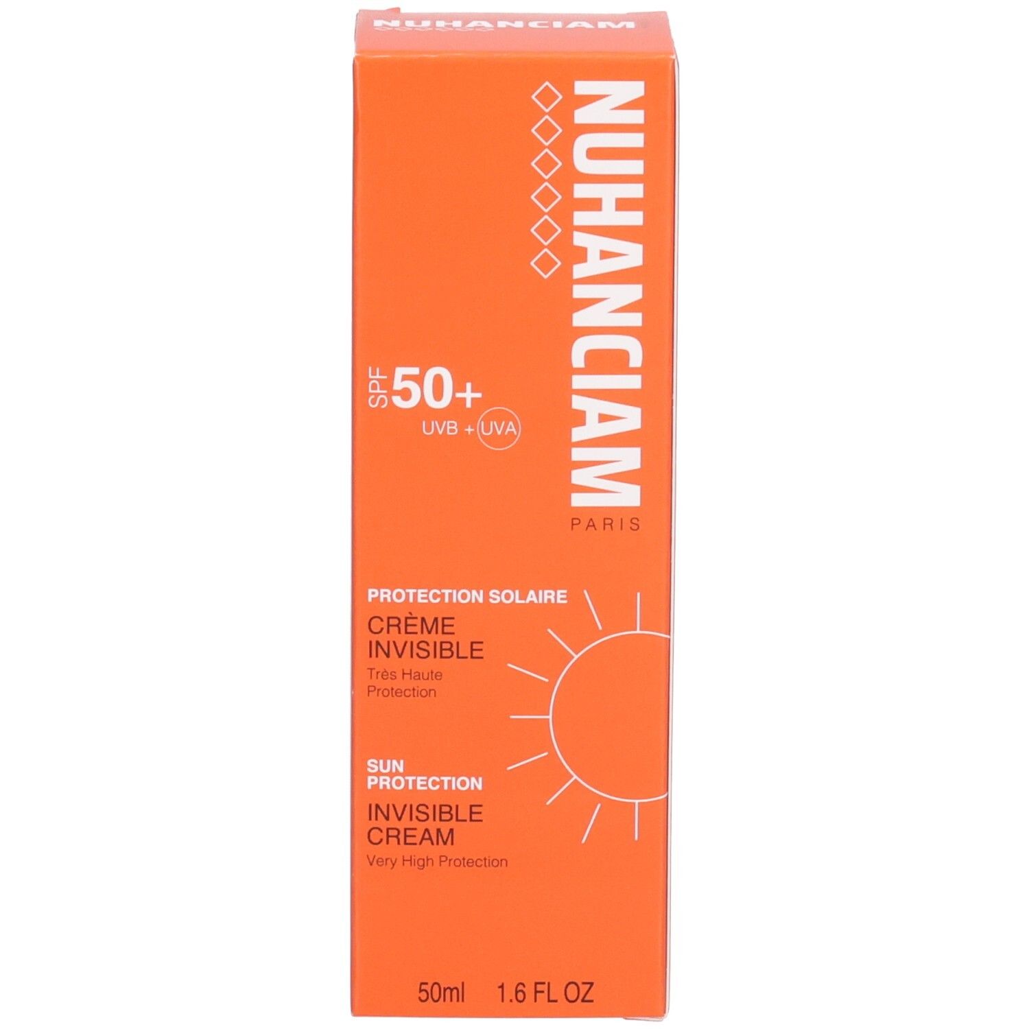 Boîte orange Nuhanciam pour crème solaire avec SPF 50+ et symbole soleil.