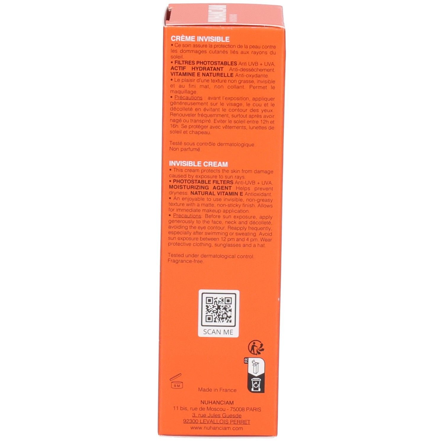Côté de la boîte Nuhanciam pour crème solaire avec ingrédients et instructions.