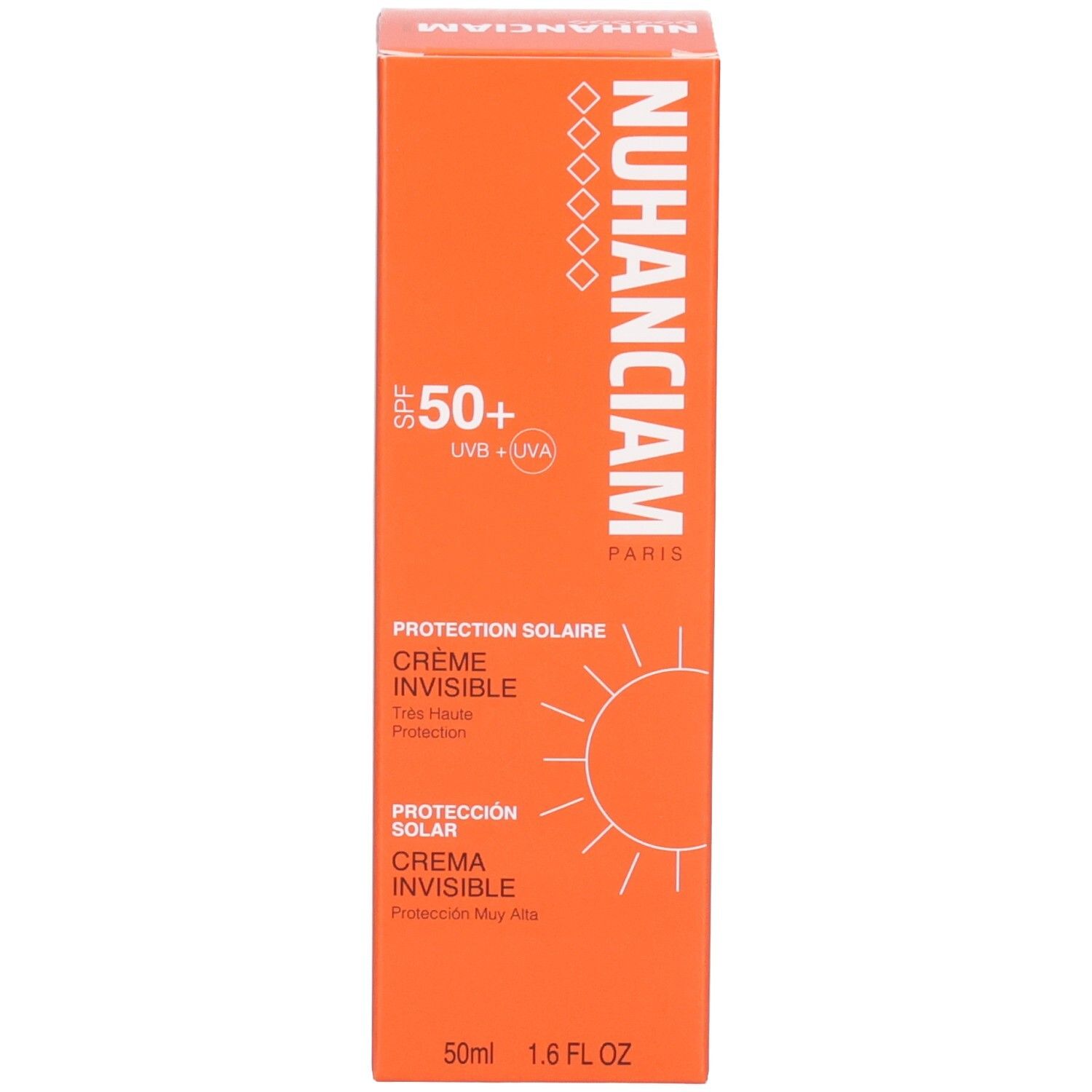 Nuhanciam Crème Solaire: Boîte orange avec SPF 50+, protection solaire et soleil.