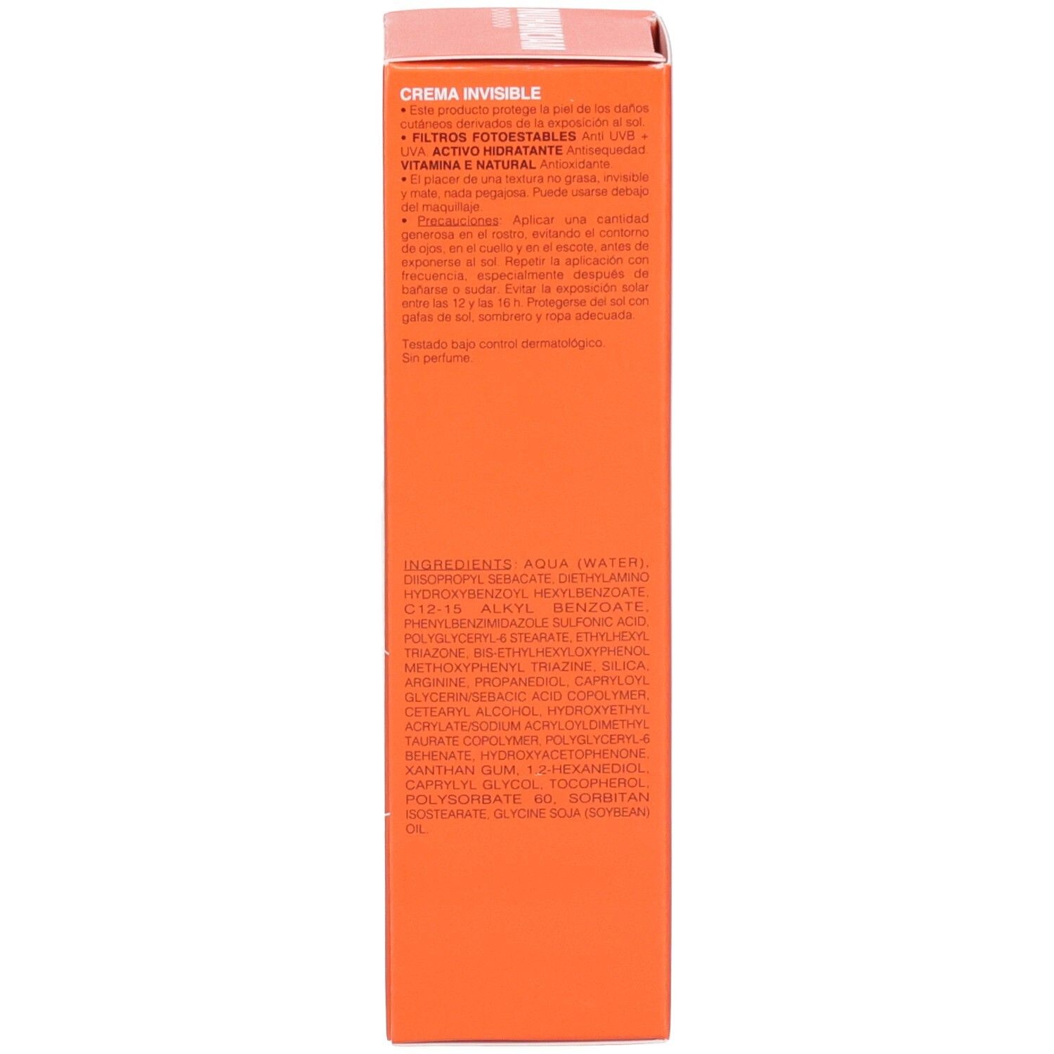 Côté de la boîte Nuhanciam pour crème solaire avec liste détaillée des ingrédients.