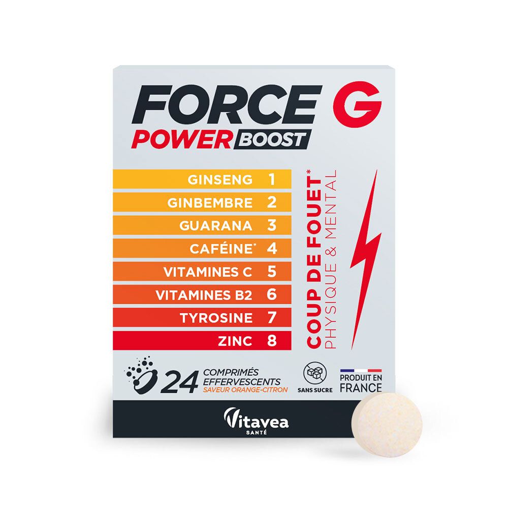 Boîte blanche FORCE G POWER BOOST. Contient 24 comprimés effervescents. Ingrédients : Ginseng, Gingembre, Guarana, Caféine, Vitamines.