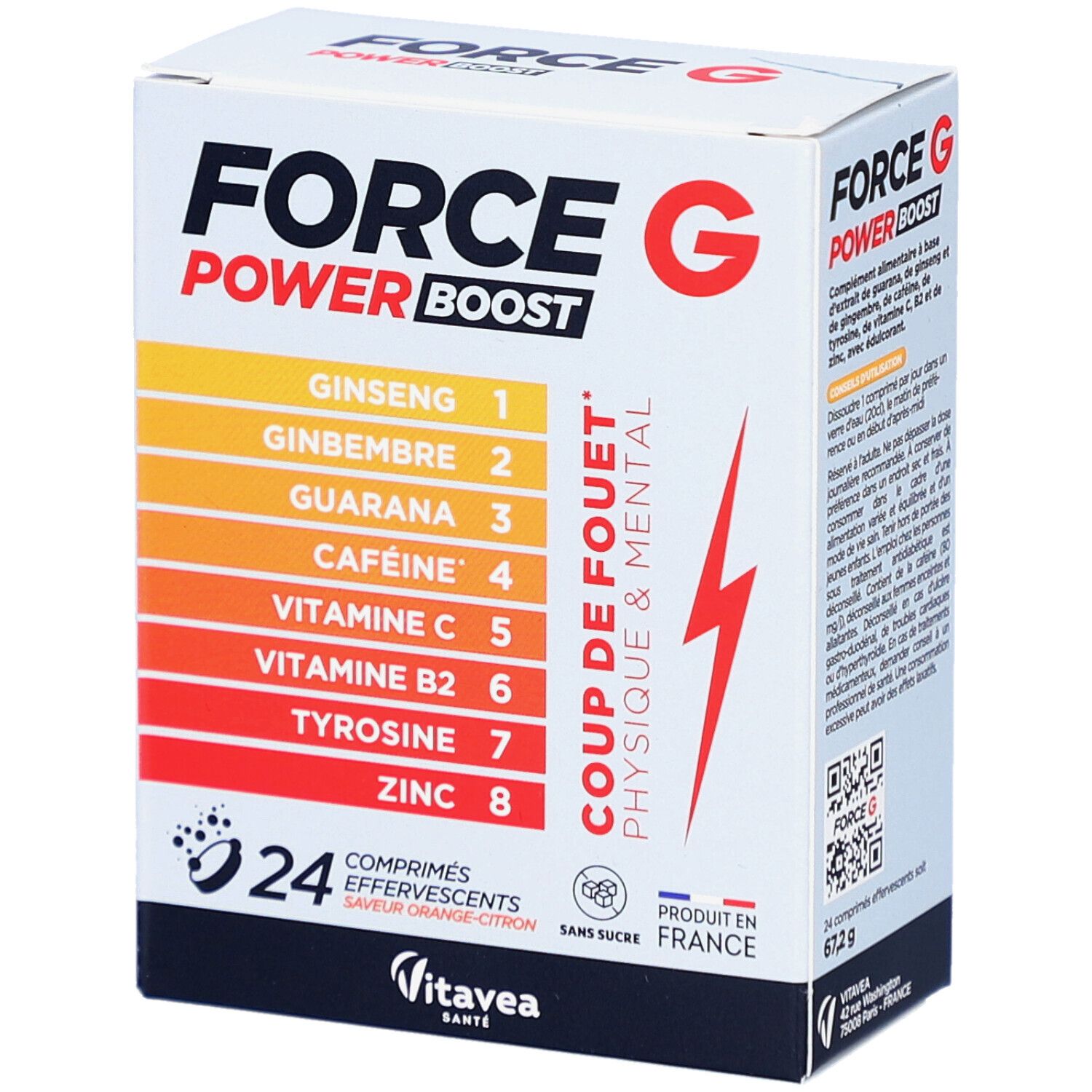 Boîte FORCE G POWER BOOST. Montre les ingrédients et l'analyse nutritionnelle. Contient 24 comprimés effervescents.