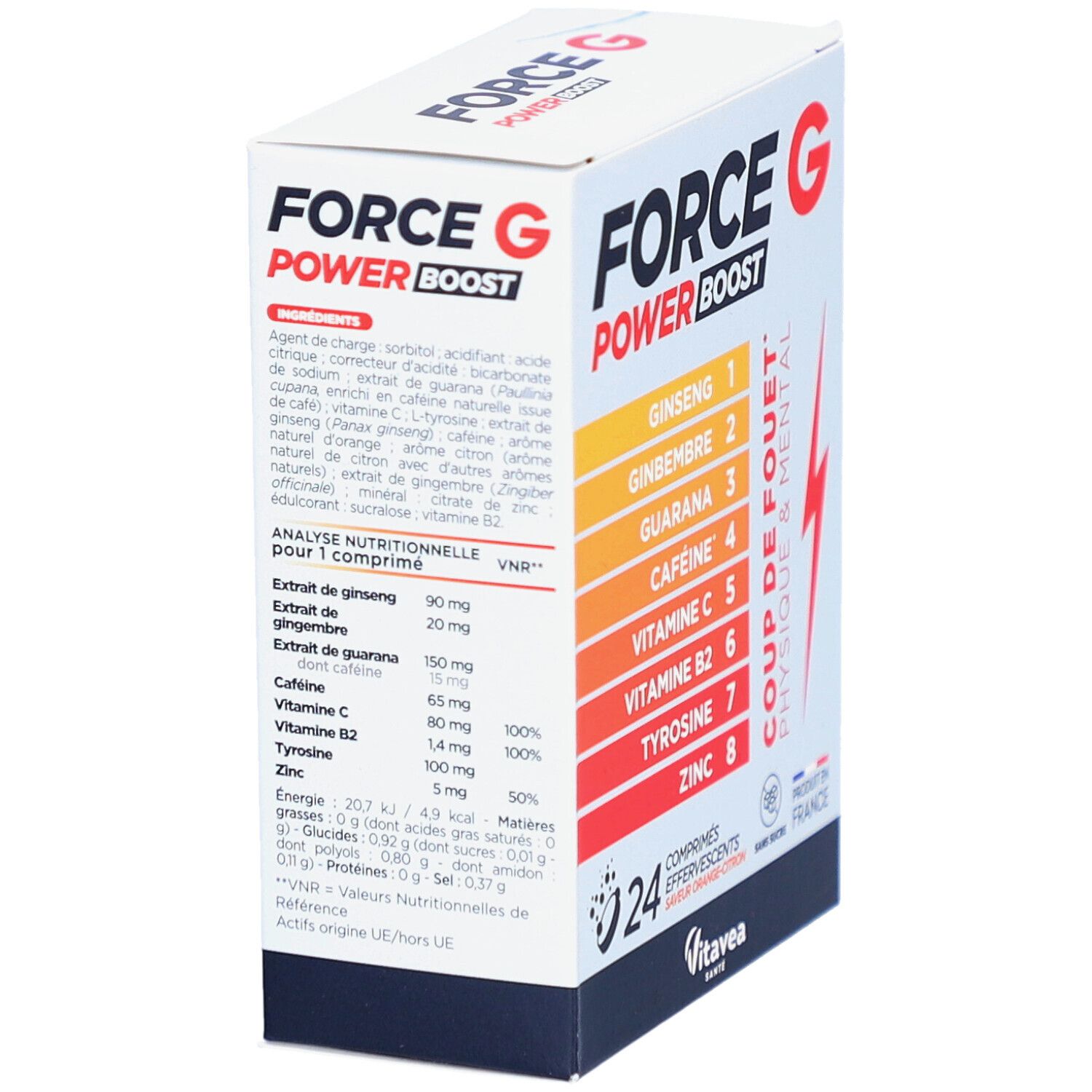 Boîte FORCE G POWER BOOST. Montre les ingrédients et leurs bienfaits. Contient 24 comprimés effervescents.
