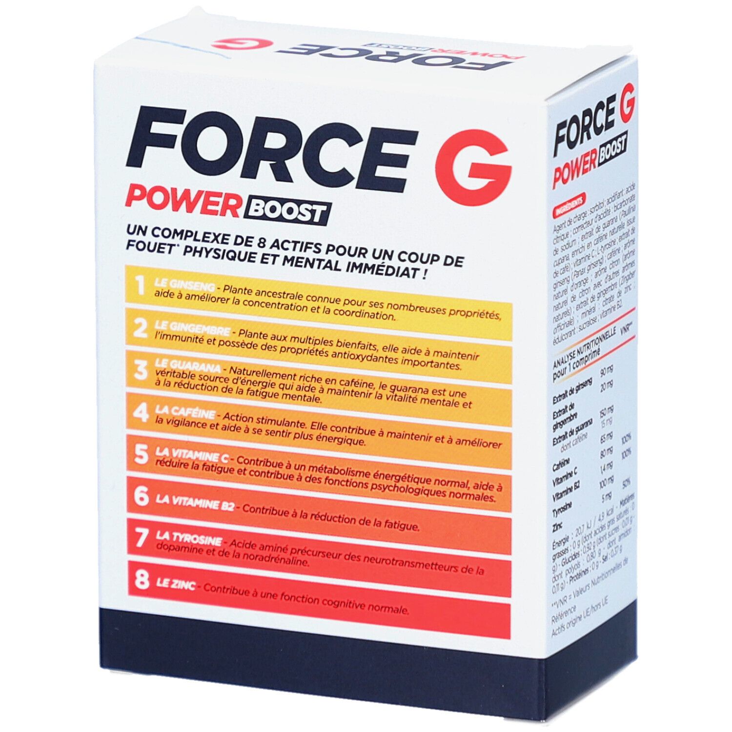 Boîte blanche FORCE G POWER BOOST. Contient 24 comprimés effervescents. Ingrédients : Ginseng, Gingembre, Guarana, Caféine, Vitamines.
