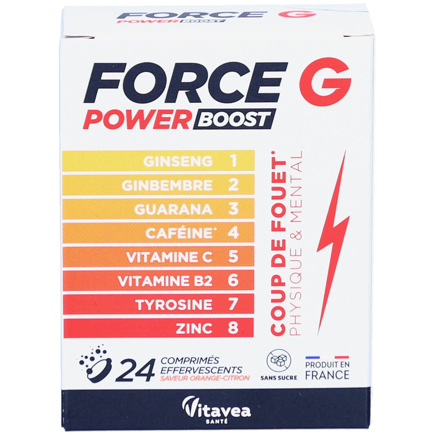 Boîte blanche FORCE G POWER BOOST. Contient 24 comprimés effervescents. Ingrédients : Ginseng, Gingembre, Guarana, Caféine, Vitamines.