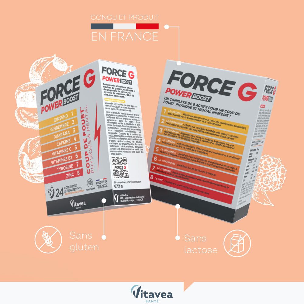 Deux boîtes FORCE G POWER BOOST. Montrent les faces avant et arrière. Sans gluten et sans lactose. Fabriqué en France.
