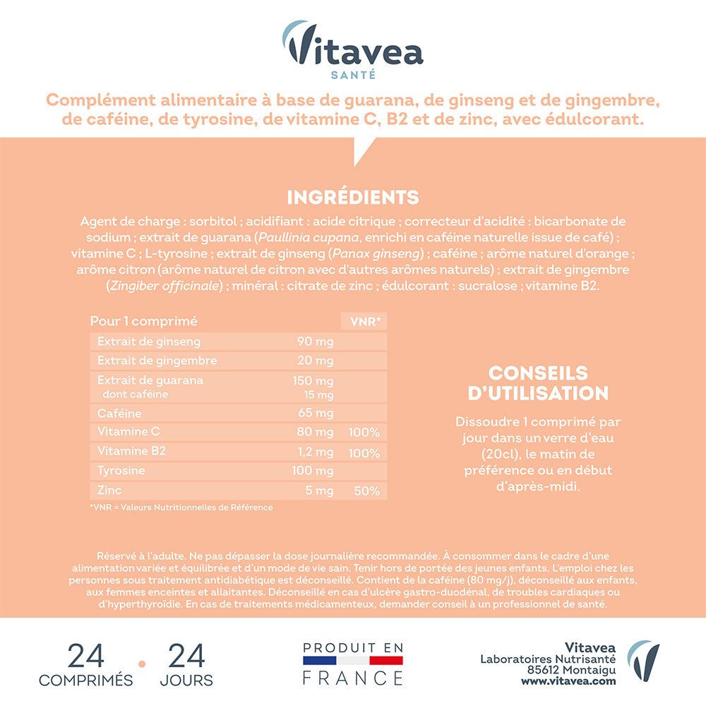 Texte sur les ingrédients et l'utilisation de FORCE G POWER BOOST. Contient 24 comprimés. Fabriqué en France.