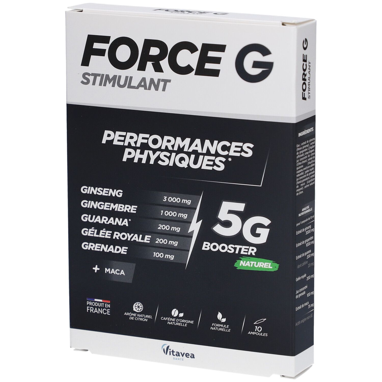 Boîte "FORCE G STIMULANT". Fond noir avec ingrédients et "5G BOOSTER". 10 ampoules.