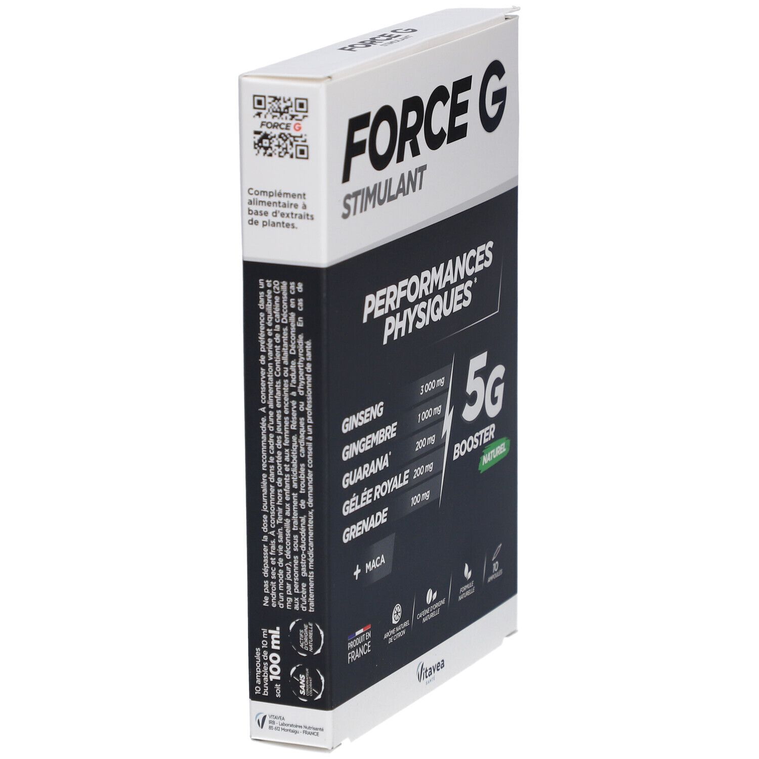 Boîte "FORCE G STIMULANT" en biais. Fond noir avec ingrédients et "5G BOOSTER".