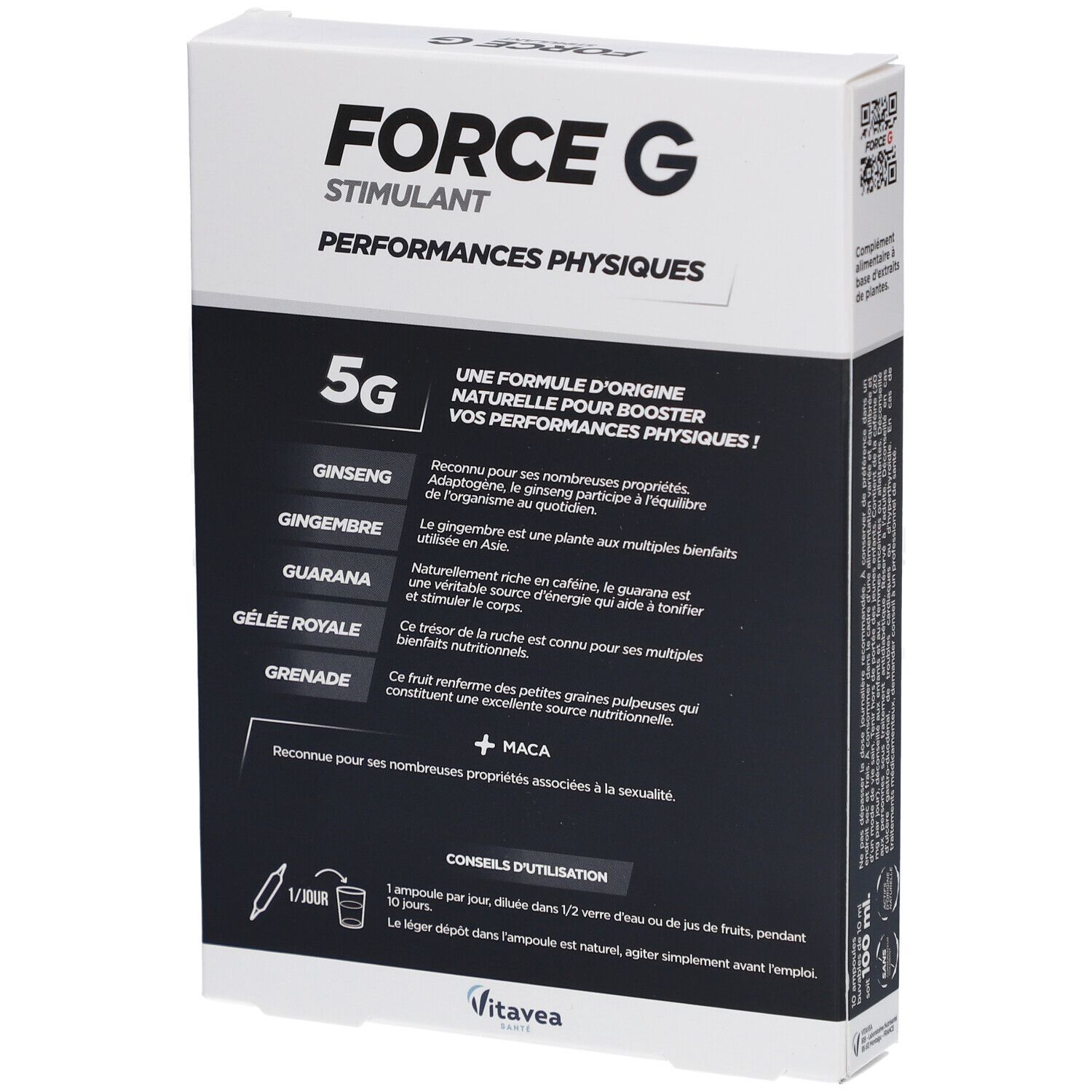 Boîte "FORCE G STIMULANT". Dos avec texte et ingrédients. "5G BOOSTER" et "10 ampoules".