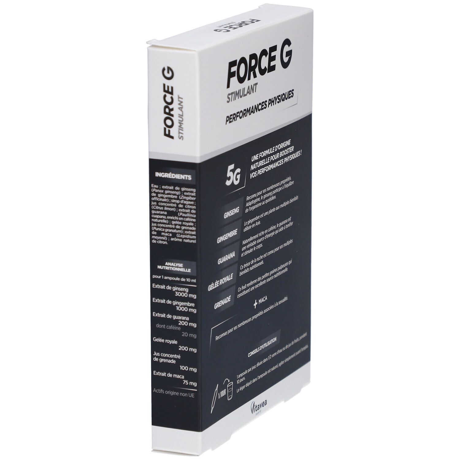Boîte "FORCE G STIMULANT" en biais. Dos avec texte et ingrédients. "5G BOOSTER".
