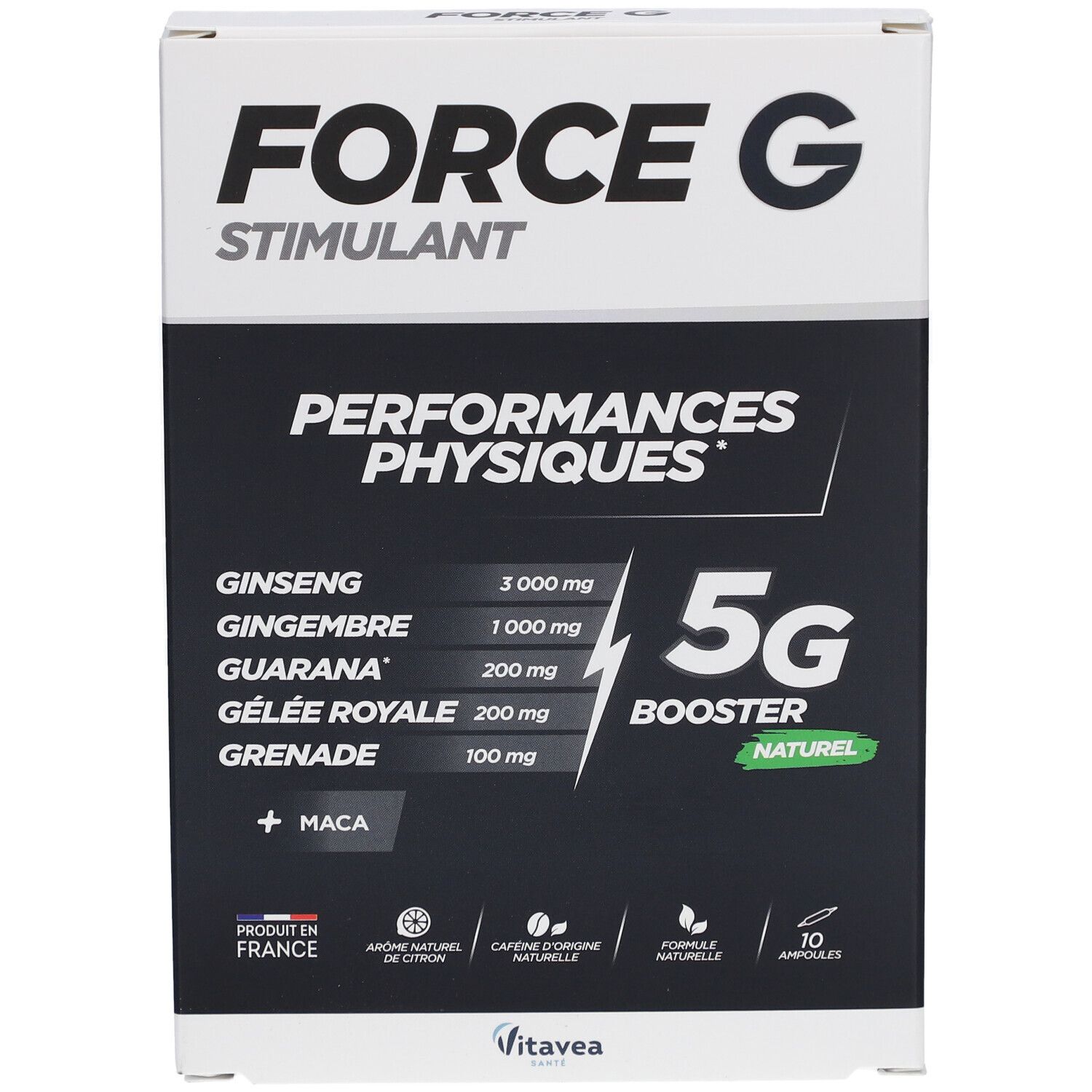 Boîte "FORCE G STIMULANT". Fond noir avec ingrédients et "5G BOOSTER". 10 ampoules.