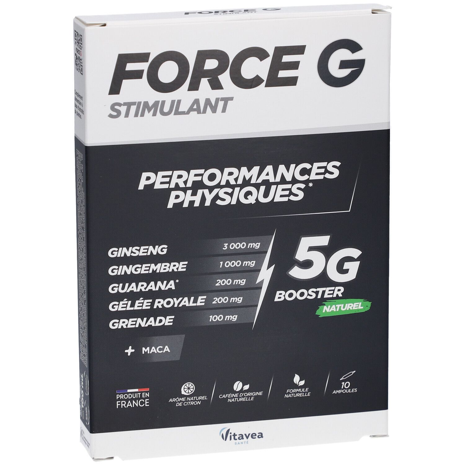 Boîte "FORCE G STIMULANT". Fond noir avec ingrédients et "5G BOOSTER". 10 ampoules.