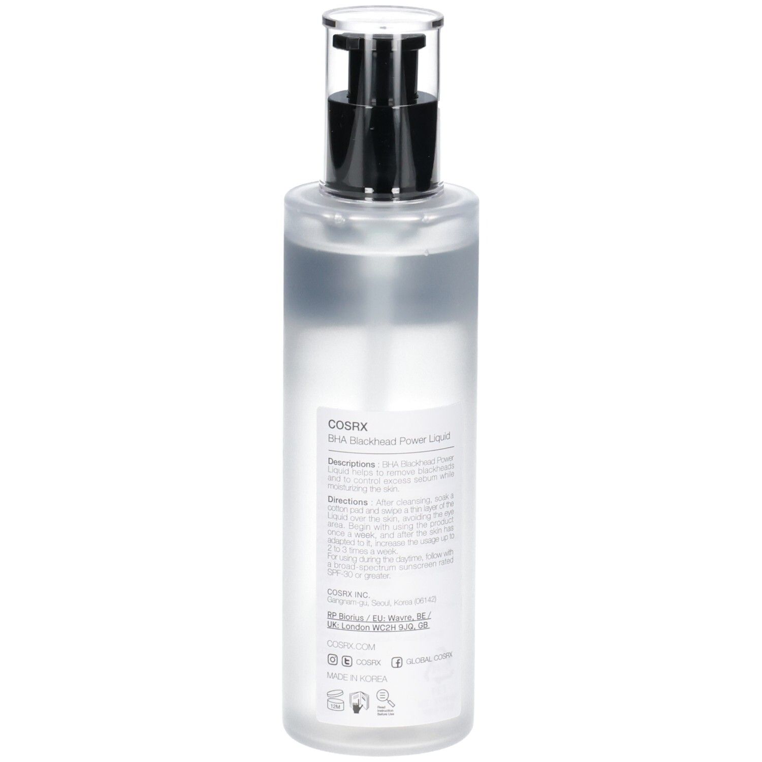Arrière de la bouteille COSRX BHA Blackhead Power Liquid avec instructions détaillées.
