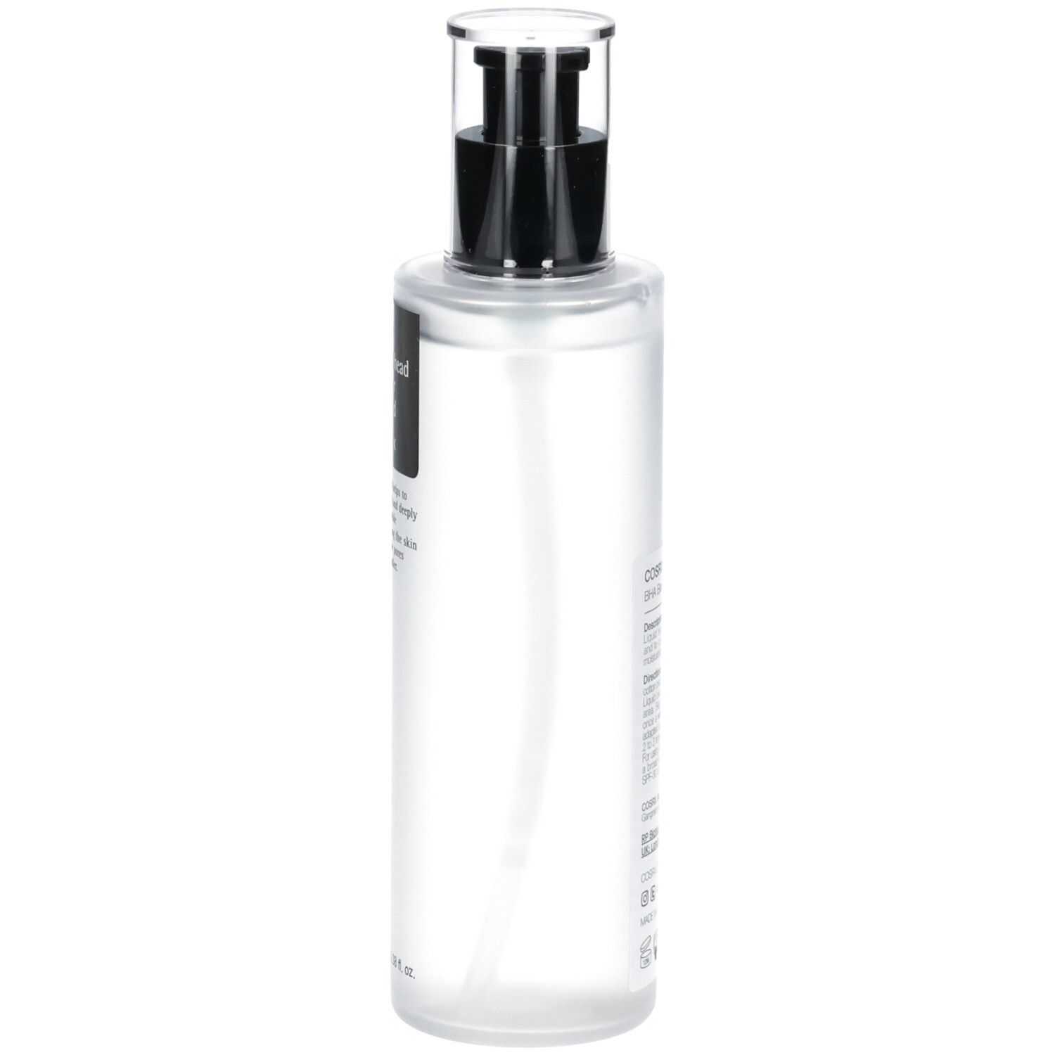 Vue latérale de la bouteille COSRX BHA Blackhead Power Liquid avec pompe.
