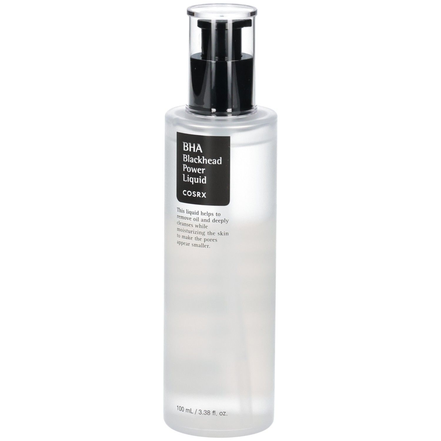 COSRX BHA Blackhead Power Liquid dans une bouteille transparente avec pompe, vue de face.